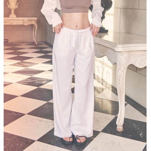 Wide Leg Pants for Women Elastic Waist Drawstring Palazzo Linen Pants Causal Summer Beach Pants with Pockets2