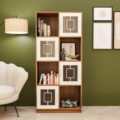 Image of Cube Polycarbonate Sheet Engineered Wood Open & Closed Bookshelf | Display Unit | Open 4 Shelves & 4 Door Cabinet Storage for Home & Office|1 Year Warranty (Finish - Leon Teak, Knock Down)