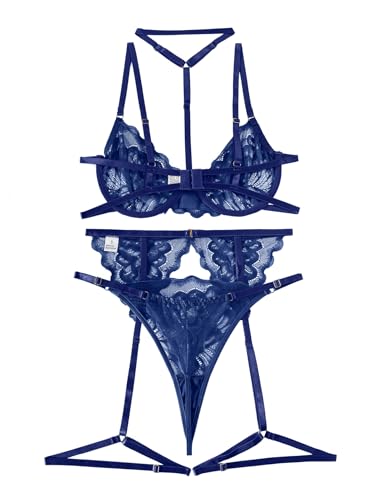 Image of Lilosy Sexy Choker Floral Lace Scallop Sheer Underwire Push Up Garter Belt Lingerie Set 3 Piece