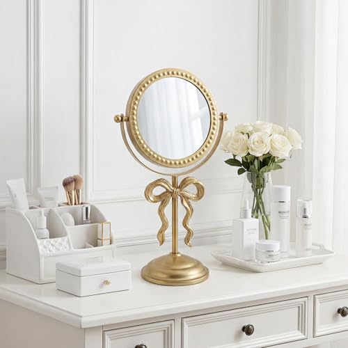 Novabright Golden Bow Vanity Makeup Mirror Tabletop One-Sided Mirror Vintage 7-inch Aesthetic Mirrors with Stable Base Swivel Design for Bedroom Dresser, Bathroom, Living Room & Dorm