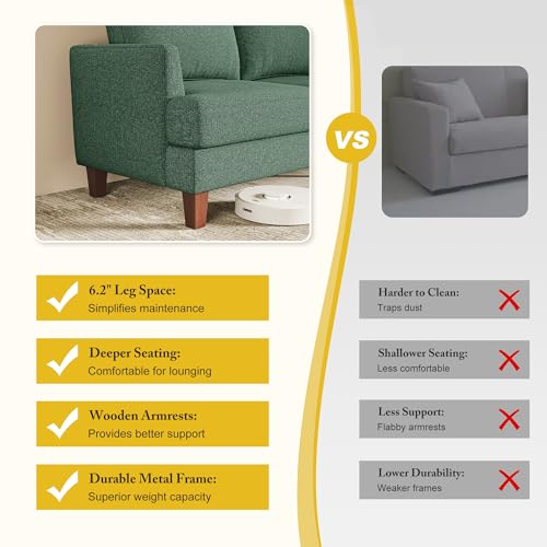 Image of Busaurus 3 Seater Sofa Couch with Deep Seats, 89 inch Mid Century Modern Upholstered Sofa with Armrests, Comfy Couches for Living Room, Bedroom, Apartment and Office (Green)