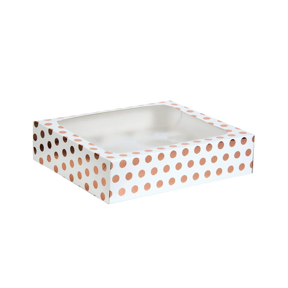 Anniversary House Cupcake Box with Window and Removable 12 Hole Insert, Rose Gold Polka Dot Print, Easy Assembly, 7.5 x 25 x 31 CM, J105