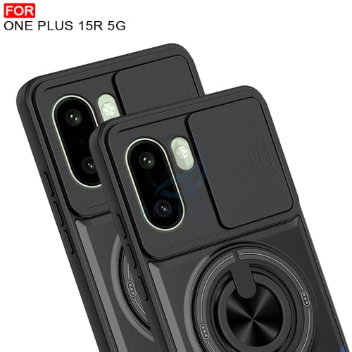 Image of AESTMO OnePlus 15R 5G Back Cover | Armor Camera Slider 360 Degree Rotating Finger Ring Holder Case with Bracket Stand Back Case Cover for OnePlus 15R 5G (Compatible with MagSafe Accessories) (Black)