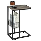 HALLYBEE C Shaped End Table with Cup Holder, Small Slide Under Couch Side Table with Storage Basket Metal Frame for Living Room Bedroom Bedside Sofa Grey