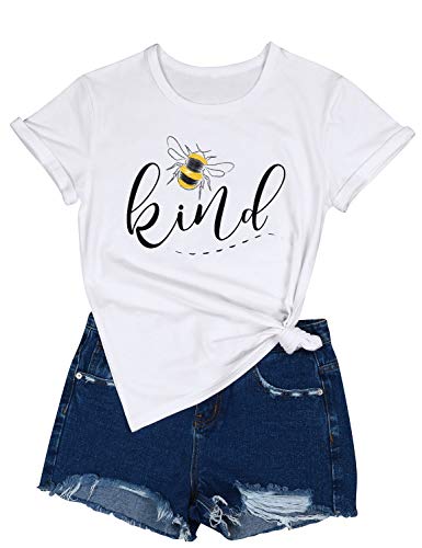 Nlife Women Kind Letter Print Bee Print Tee Shirts Short Sleeve Graphic Tops White