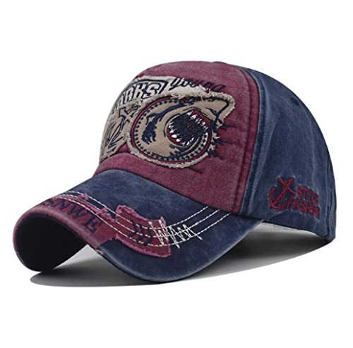 XibeiTrade Baseballmütze mit Hai-Motiv, Vintage-Stil, Baumwolle, Bestickt, für Herren und Damen Gr. M, weinrot