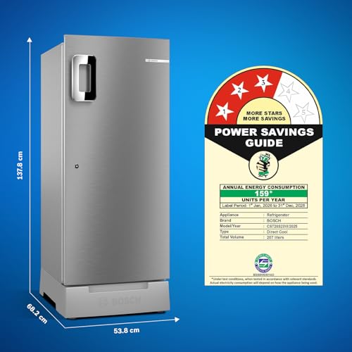 Image of Bosch 207 L, 3 star, Direct-Cool Single Door Refrigerator | 18 Hrs Cooling Retention | 2.5X Faster Cooling | Spacious Multi Box | XL Dry Storage | SuperFreeze (2026 model, CST20S23VI, Fine Steel)