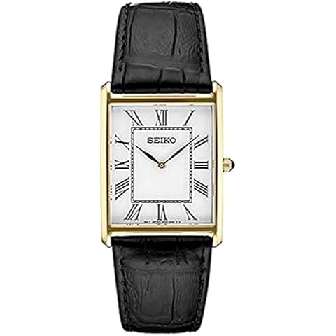 SEIKO SWR052 Watch for Men-Water Resistant with Gold-Tone Stainless Steel Rectangular Case, White Dial with Roman Numerals, and Black Leather Strap Cover