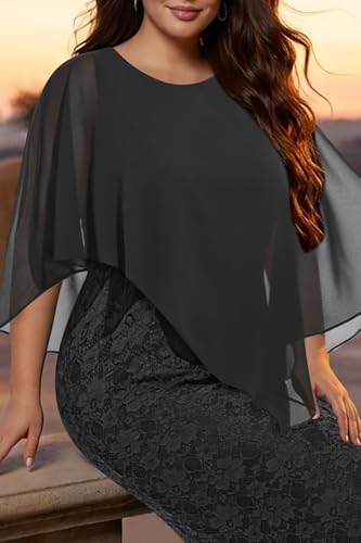 Image of Women's Plus Size Cape Dress with Chiffon Overlay Gown Formal Evening Lace Long Mermaid Dresses 2024