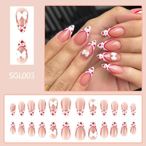Image of White French Tip Press on Nails Heart Fake Nails with 3D Bow Design Nude Glue on Nails Glossy Artificial Acrylic Full Cover Stick on Nails Medium Almond False Nails for Women Manicure