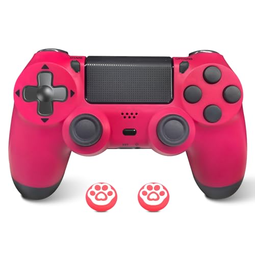 Wireless Controller for PS4 Pink with Thumb Caps, Game Remote Controller for PS4/Slim/Pro/PC with Dual Vibration/6-Axis Gyro/3.5mm Audio Jack/Touch Pad/USB-C Port and Cable/1000mAh Battery