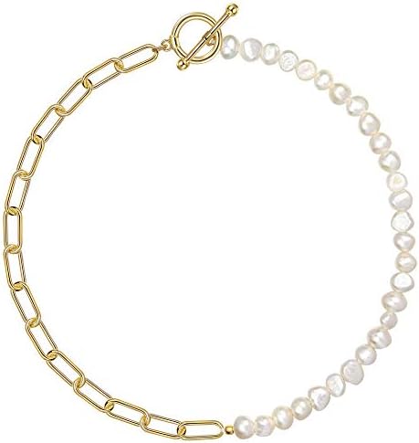 Cowlyn Paper Clip Pearl Necklace Vintage Chunky Link Chain Baroque Cultured Pearls 18K Gold Choker Fashion Retro Charm Valentine Jewelry for Women Girls(with Gift Box)