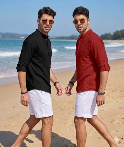 Image of Men's Cotton Blend Straight Kurta Shirt Combo with Mandarin Collar - Slim Fit Casual Short Kurti Set Featuring Textured Slub Fabric and Roll-Up Full Sleeves