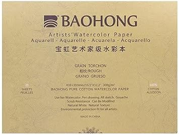 BAOHONG Artists Watercolor Paper Block 20 Sheets, glued on Four Edges, 100% Cotton, Acid-Free, 140LB/300GSM, Watercolor Art Supplies for Wet, Dry, and Mixed Media Painting Rough Grain 16.1"X12.2"