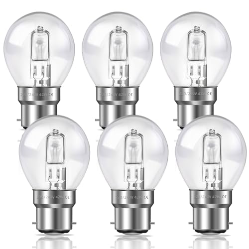 Liuyife BC B22 G45 Golf Ball Bulb 42W, Dimmable, Warm White 2700K 613LM, B22 Bayonet Cap Mini Globe Bulb AC 230V, G45 Classic Clear Round Light Bulb for Chandelier, Table Lamp, Pack of 6
