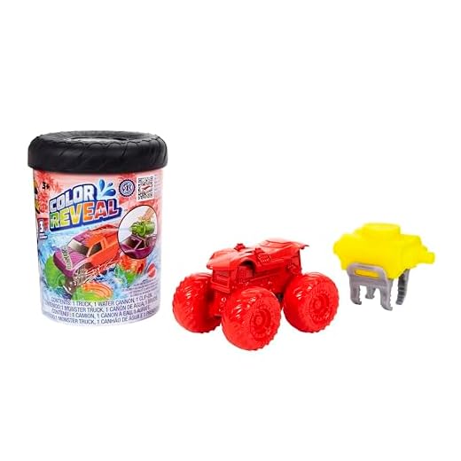 Hot Wheels - Hot Wheels Monster Trucks Color Reveal, 1 veicolo giocattolo con sorpresa ed effetto cambia colore ripetibile con acqua calda e fredda, giocattolo per bambini 3+ Anni, HJF39