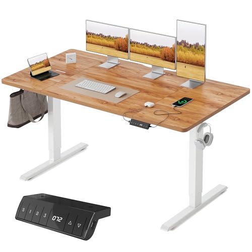 FEZIBO 電動 昇降デスク USB付き 幅120cm 奥行60cm スタンディングデスク 上下昇降デスク 自動昇降式デスク 高さメモリー機能 静音 pc オフィスデスク テレワーク standing desk 昇降範囲72-118cm メイプルフレーム