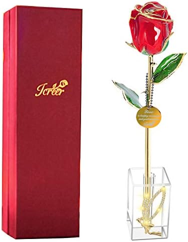 Icreer 24k Gold Rose Gifts for Women Valentine's Day Mothers Day Birthday Anniversary Christmas Xmas (Red,Crystal Angel Stand)