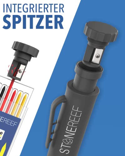 Tieflochmarker Profi mit Köcher – Bleistift für Baustelle, Bohrloch, Handwerker, Zimmermann – Markierstift für tiefe Stellen – Ersatzminen-kompatibel – Baubleistift für Holz, Metall, Fliesen