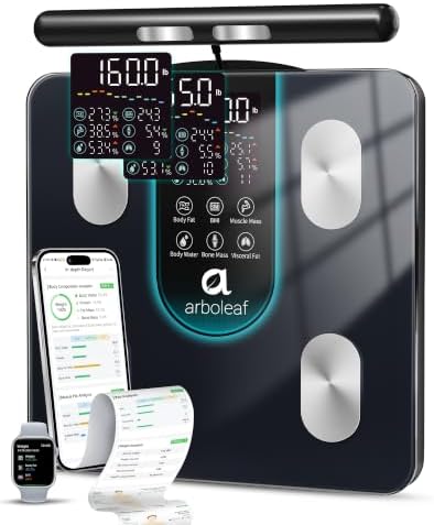 arboleaf Körperfettwaage mit Handsensoren Körperanalysewaage 50 Körpermaße | Waage mit Körperfett und Muskelmasse, Smart Waage mit App & großes LED-Display bis 180kg/400lbs Schwarz