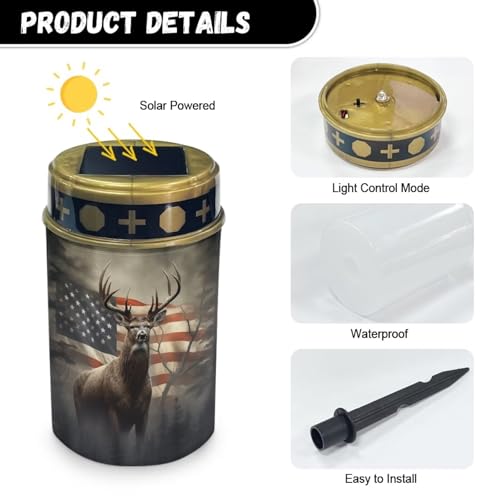 Image of Poceacles Outdoor Lights Solar Powered Flameless Candle Cemetery Votive Candles Waterproof Outdoor Memorial Candle Solar Stake Lights 4th of July Patriotic Decor, Deer American Flag Retro, Pack of 4