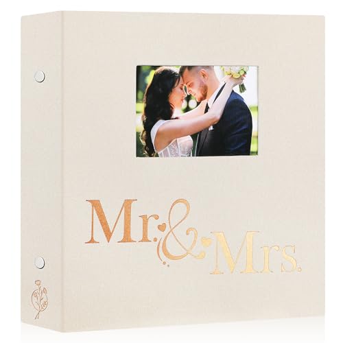 Lanpn Wedding Photo Album 6x4 1000 Pocket Photos Slip in, Linen Cover Large Capacity Newlywed Marriage Window Album Hold 1000 Horizontal Vertical Photos (Mr & Mrs, Beige)