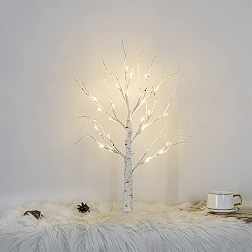 Vanthylit White Twig Christmas Tree with Lights 2FT Tabletop Birch Tree with 24 Warm White LEDs Battery Operated LED Birch Tree for Home Party Wedding Easter Christmas Decoration