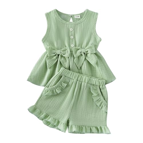 Image of Toddler Girl Clothes Sleeveless Top Shorts 2Pc Summer Outfit 12M-5T | 100% Cotton, Soft breathable, Double crepe fabric, Adorable bow ruffle pocket design, Perfect for daily wear, birthday, party