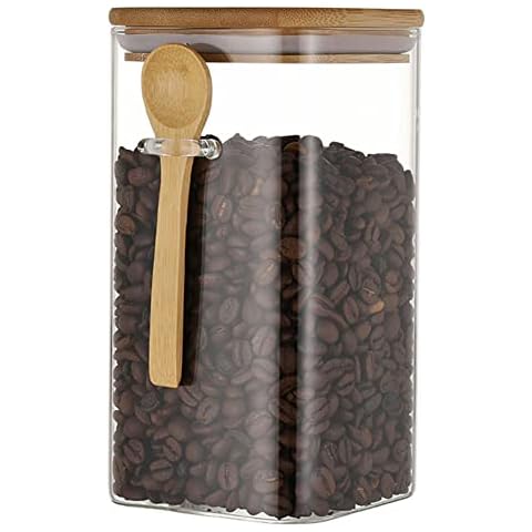 AGGICE Square Glass Storage Jar with Bamboo Spoon, Bamboo Airtight Lid Glass Jar Containers 40 Oz Glass Food Storage Jars for Coffee, Tea, Sugar, Dry Cargo and Seasoning etc Cover