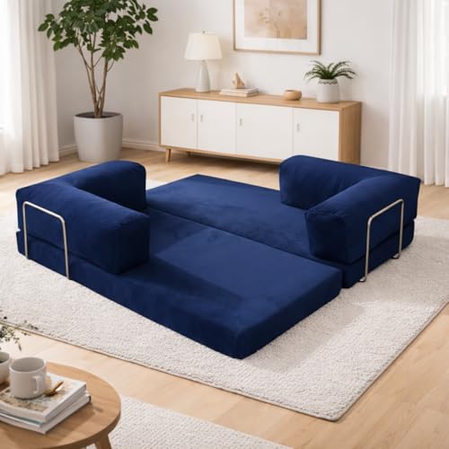 Image of Torque Vegas Three Seater Sofa Cum Bed for Sleeping-Blue | Premium Suede Fabric 3-Seater Double Foam Fold Out Sofas Bed | Convertible 3-in-1 Sofa Cuma Bed for Office