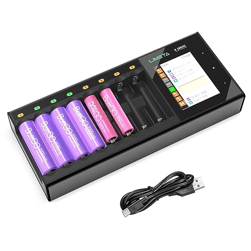 LIMETA Battery Charger AA AAA 8 Bay Fast Rechargeable Battery Charger LCD Display for Universal Household Batteries LiHv Ni-MH Ni-Cd LiFePO4 Li-ion