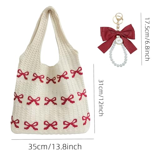 Image of JeVenis Crochet Tote Coquette Bow Aesthetic Beach Mesh Knitted Shoulder Bag | Crochet Tote Coquette Bow Aesthetic Hobo Bag for Women Boho Shoulder Handbag Beach Mesh Knitted Shoulder Bag
