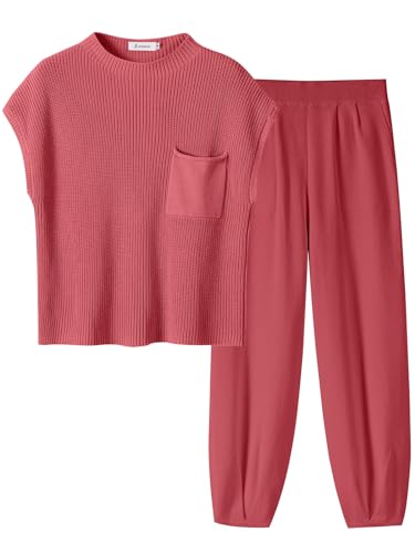 Image of ANRABESS Women's Two Piece Outfits Sweater Sets Knit Pullover Tops and High Waisted Pants Tracksuit Lounge Sets
