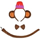 PATURPINT Monkey Costume Accessory Set, Headband with Ears and Hat, Bow Tie, Tail, Brown and Red, 3-Piece