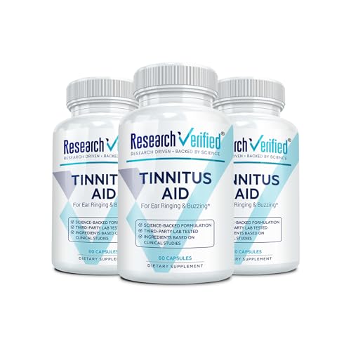 Research Verified Tinnitus Aid - Lessen Internal Ringing - Ginkgo Biloba, Vitamin C, Full Spectrum B Complex Blend, Magnesium - 3 Month Supply - Vegan - Made in The USA