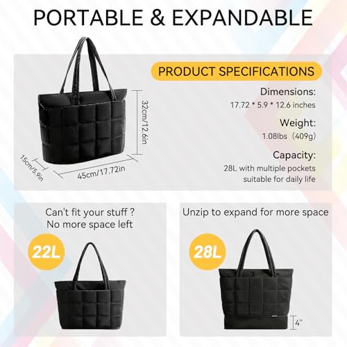Bolso tote acolchado para mujer, ligero, negro con cremallera, ideal para trabajo, viaje, gimnasio y uso diario miniatura 3