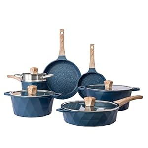 Country Kitchen Induction Cookware Sets – 13 Piece Nonstick Cast Aluminum Pots and Pans with BAKELITE Handles, Glass Lids (Navy)