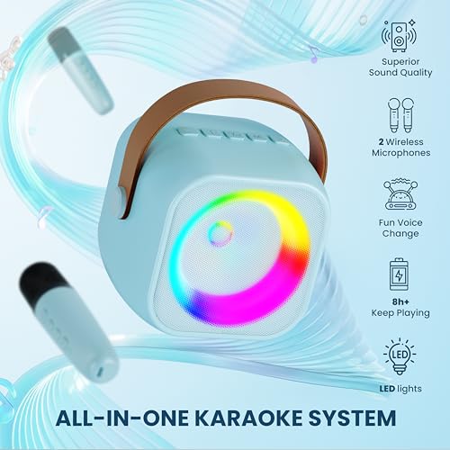 Karaoke Machine, Portable Bluetooth Speaker with 2 Wireless Microphones for Kids, Karaoke Toys Gifts Toys for Girls Boys Family Home Party（Blue） - 2