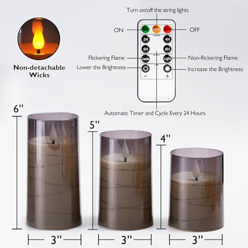 Amagic Grey Flameless Candles with Remote, Flickering Battery Operated Candles with Embedded Fairy Lights, Acrylic LED Candles with Timer for Halloween Home Bohemian Decor, 3D Wick, D3 x H4 5\" 6\" - Thumbnail 3