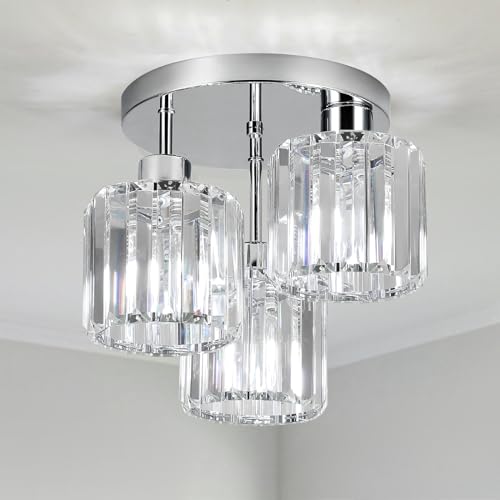 FORCOSO Kristall Deckenleuchte 3 Flammig, Kronleuchter Chrom mit Metall Rahmen Lampenschirm, Sockel E27 Deckenlampe, Moderne Ceiling Light Lampe für Schlafzimmer Wohnzimmer Flur Küche Esszimmer