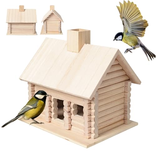 Kit de cabaña de madera de 7,7 x 5,9 x 7,3 pulgadas, casa para pájaros de paulownia transpirable y transmisora de luz, casa para pájaros colgante de madera pulida suave para que los pájaros se refugie