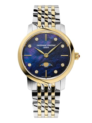 Frederique Constant Ladies Classic Slimline Moonphase Diamond Accent Two Tone Stainless Steel Watch, Blue Mother of Pearl Dial, Style: FC-206MPND1S3B