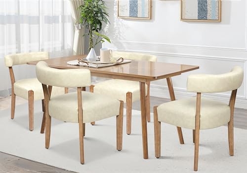 RNKSFX Modern Dining Chairs Set of 4, Faux Leather Upholstered Kitchen & Dining Room Chairs, Mid Century Modern Wooden Dining Chairs Oversized Sturdy Rounded Chairs Curved Back, Beige