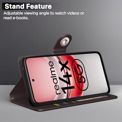 Image of Pikkme Flip Cover Leather Finish | Inside TPU with Card Pockets | Wallet Stand and Shock Proof | Complete Protection Button Flip Case for Realme Narzo 80x 5G / Realme P3x 5G / Realme 14X 5G (Coffee)