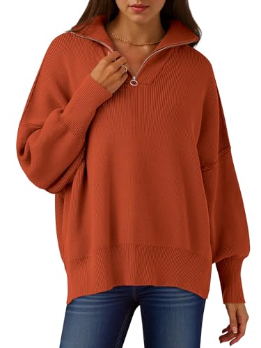 Image of ANRABESS Womens Oversized Quarter Zip Pullover Sweaters | Fall Fashion Outfits, Long Sleeve Slit Side, Baggy Loose Fit, 1 /4 Zip Lapel Collared, Ribbed Knit Soft Warm Winter Clothing