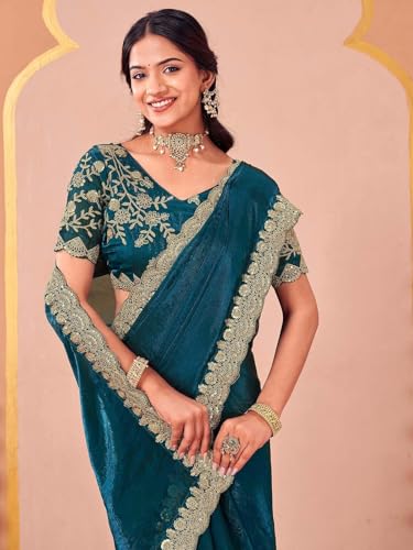 Image of SIRIL Women's Tissue Silk Sequins Embroidery Saree with Unstitched Blouse Piece