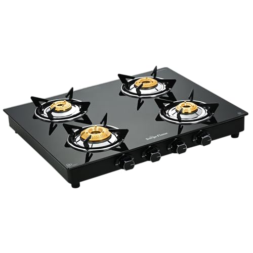 Image of Surya Flame Maestro 4-Burner Gas Stove, Toughened Glass Cooktop, 1 Jumbo Burner + 3 Tri-Pin Brass Burners, Manual Ignition, Black