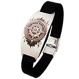 VICARLO Pulsera de cuero para hombre con grabado láser, brújula, grande, de acero inoxidable, correa ancha, hecha de cuero natural de búfalo argentino en negro, Acero inoxidable