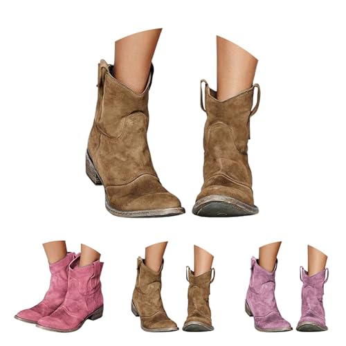 Wide Fit Suede Ankle Boots Women Size 6 Western Round Toe Low Heel Booties Slip On Mid Calf Comfortable Walking Shoes Casual Lightweight Retro Classic Short Cowgirl Cowboy Boots Brown