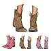 Cowboy Boots For Women Suede Low Chunky Heel Round Toe Short Booties Slip On Slouchy Fashion Retro Back Zipper Mid Calf Boots Fall Winter Comfortable Warm Shoes